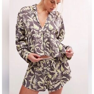 Free People Palm Tree Pajama Set Top Shorts Button Down Loungewear Vacation